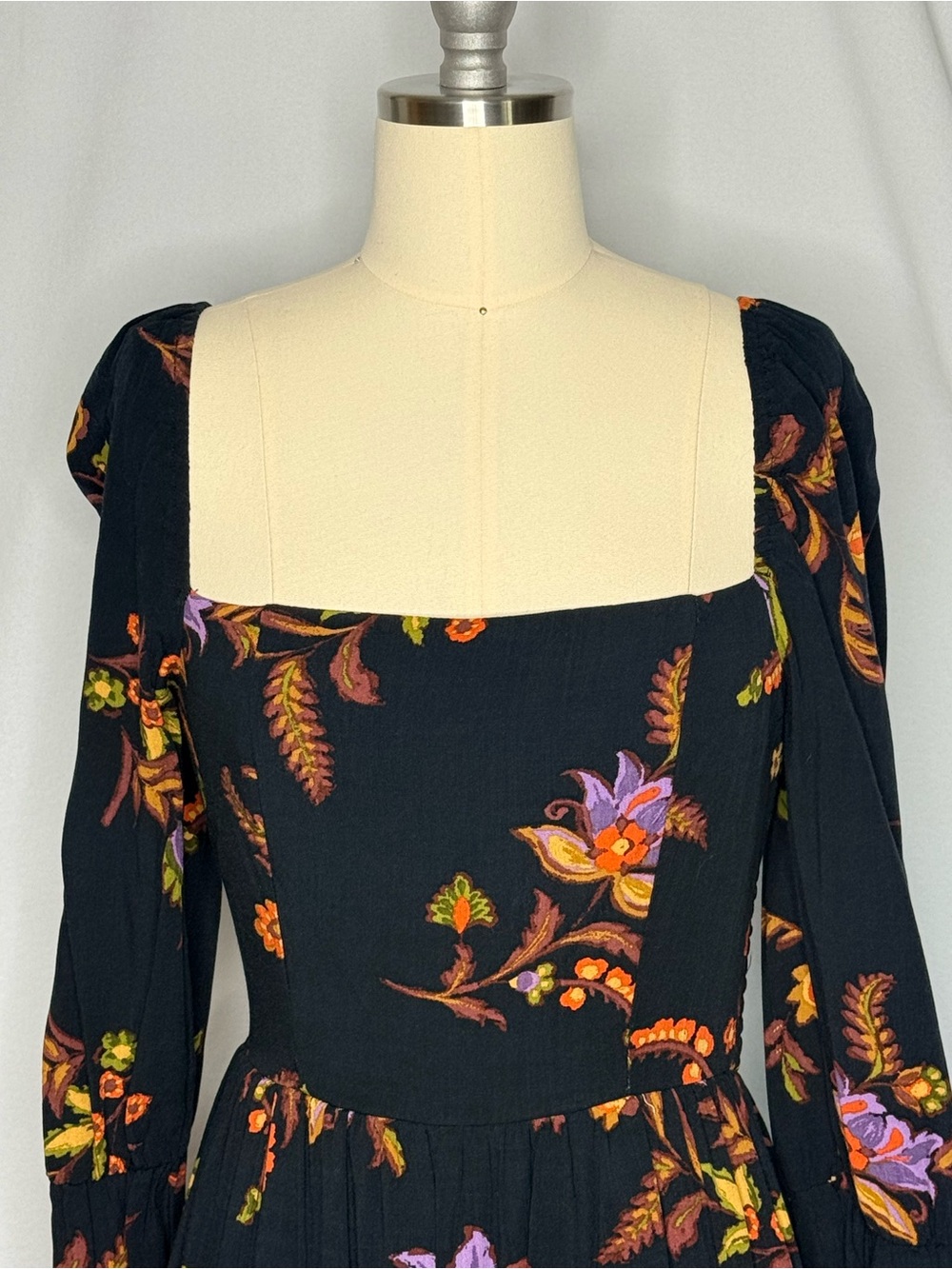 Floral Square-Neck Long Sleeve Maxi Dress - Black with Purple & Orange Floral - Picture 3 of 14
